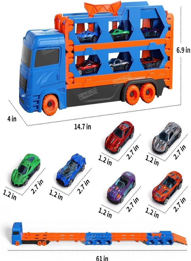 Vikrida Big Hauler Storage & Deform Transport Truck Toy with 2 Foldable Ejection Race Track & 2 Pcs Die cast Cars for Kids - Blue Color - Image 3